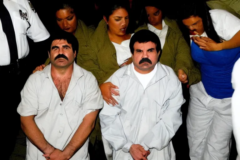 Prompt: el chapo is meditating with his 3 wives in the middle of a prison cell. he is a pimp. the female correctional officer has a crush on him.