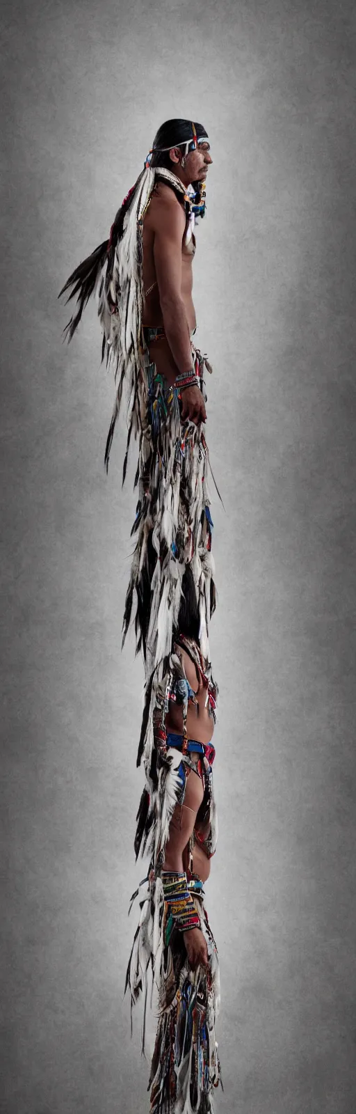 Image similar to native american indigenous man standing on a white studio background, png, beautiful artwork