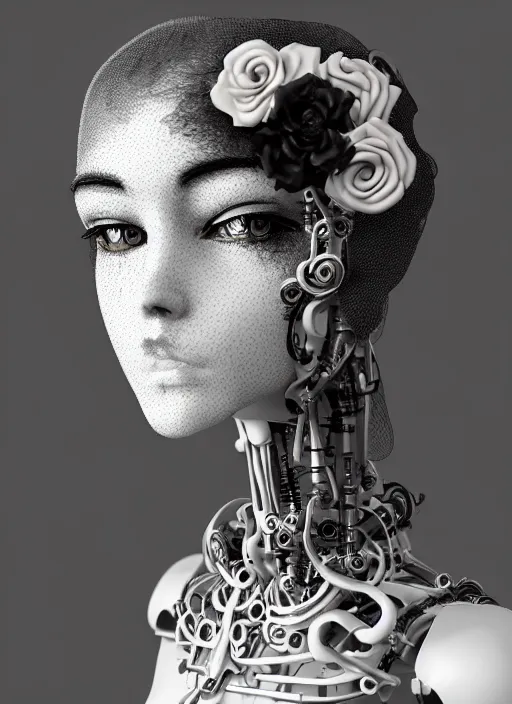 Image similar to black and white dreamy foggy poetic smoky profile face portrait, one silver steampunk realistic eye biomechanical beautiful angelic young female cyborg - robot bust, body ribs meshes,, volumetric light, hibiscus flowers, rim light, big gothic fashion pearl embroidered collar, 1 9 3 0, 8 k