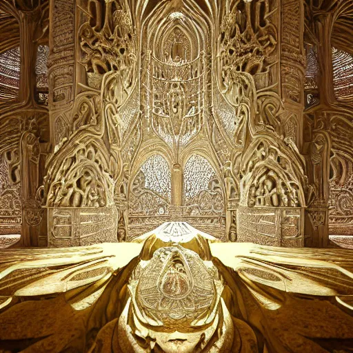 Image similar to a beautiful 3 d painting of a huge sprawling fractal cathedral interior populated by mandelbrot fractals by android jones, unreal engine, carved stone, carved soap, white color scheme, volumetric lighting, octane render, dramatic lighting, glowing, carved marble, opalescent, sacred geometry, religious, angelic, catholicpunk, stark, trending on artstation