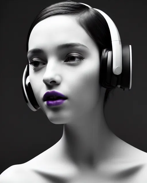 Image similar to black and white dreamy young beautiful female artificial intelligence with a techno headset crown from the future, cinematic, rim light, bokeh, photo - realistic, elegant, high detail, 8 k, masterpiece, photo taken in 1 9 3 0