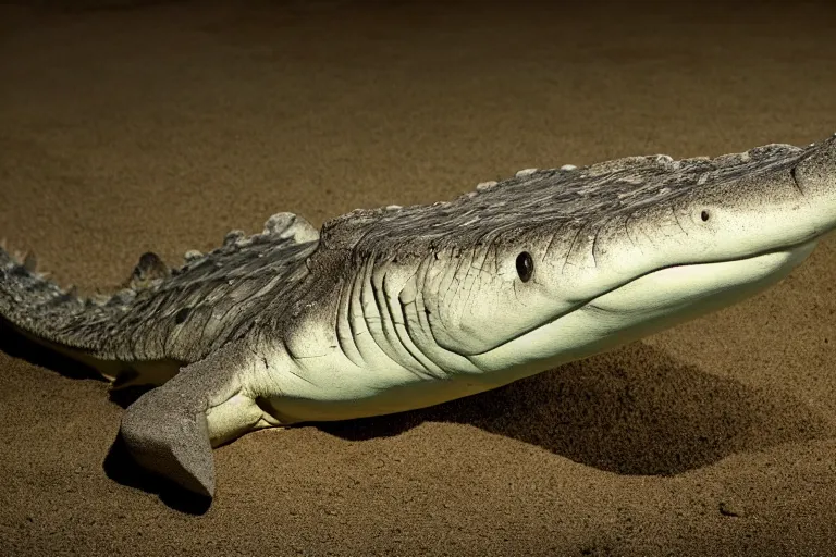 Image similar to a crocodile shark!!! hybrid! hyper realistic!! realistic lighting!! wildlife photographer of the year!!! bold natural colors, national geographic, hd, wide angle, 8 k