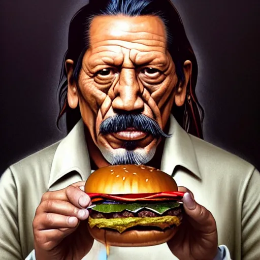 Image similar to portrait of Danny Trejo eating hamburgers, extra onions and ketchup, luscious patty with sesame seeds, ethereal, holy sacred light rays, handsome, D&D, fantasy, intricate, elegant, highly detailed, digital painting, artstation, concept art, matte, sharp focus, illustration, art by Artgerm and Greg Rutkowski and Alphonse Mucha