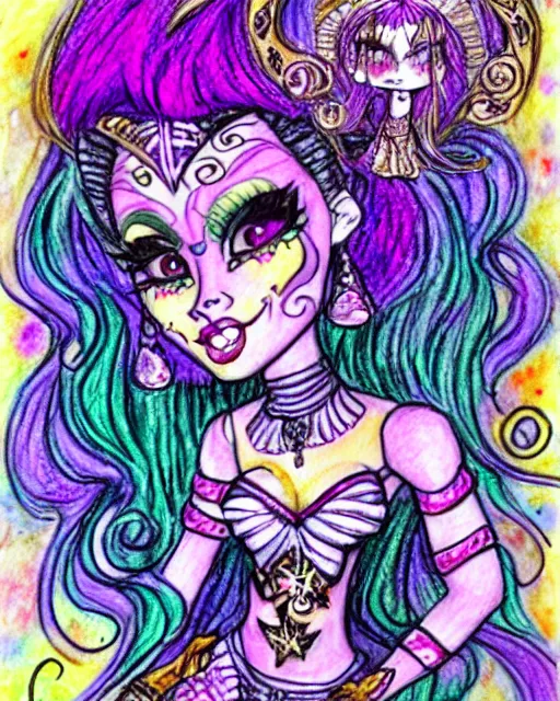 Image similar to josephine wall watercolor pencil drawing of a monster high universe clawdeen wolf fullmoon, stars, sigils and doodles around her, doodles of chibi jesters