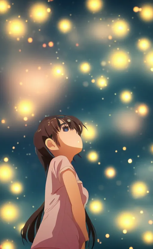 Image similar to Centred shot of anime girl looking up at the stars, bokeh background, ultra detailed, 8K