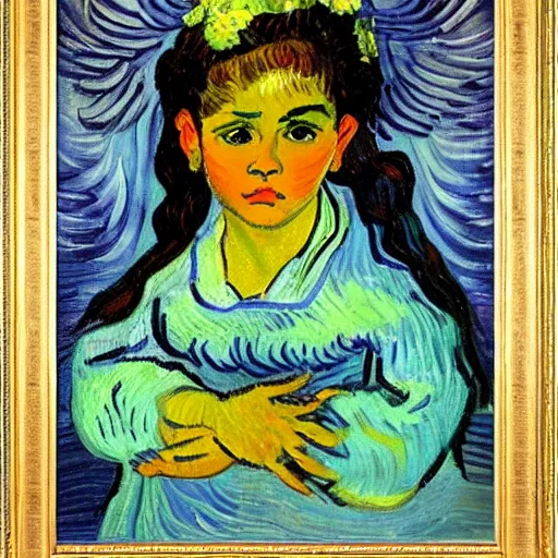 Prompt: painting of a cute roman - mexican girl lady angel by van gogh, fine art