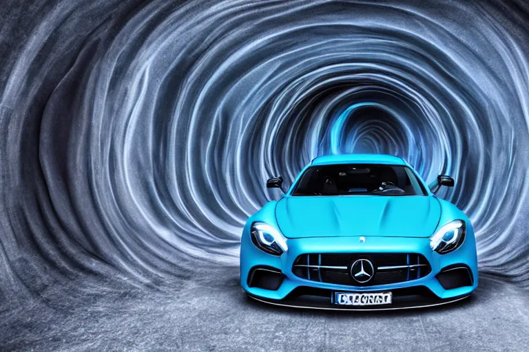 Prompt: matte blue AMG entering a portal into another dimension. photorealistic 35mm 4k