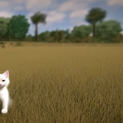 Prompt: a white cat walking, shot from behind, it is in a field, unreal engine