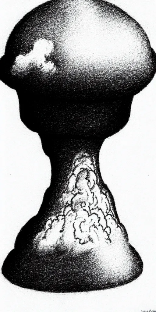 Image similar to vladimir putin wearing a nuclear mushroom cloud for a hat, cartoonish, ultra detailed pencil drawing, medium perspective