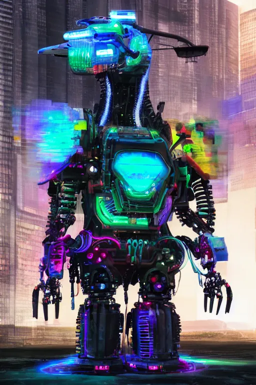 Image similar to giant imposing complex machine with evil cybernetic goat head at helm, multicolored, cyberpunk