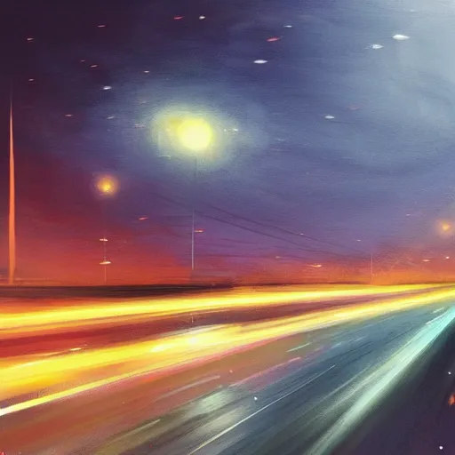 Prompt: a beautiful artwork of a car on a highway at night, by Jerome Opeña, featured on artstation