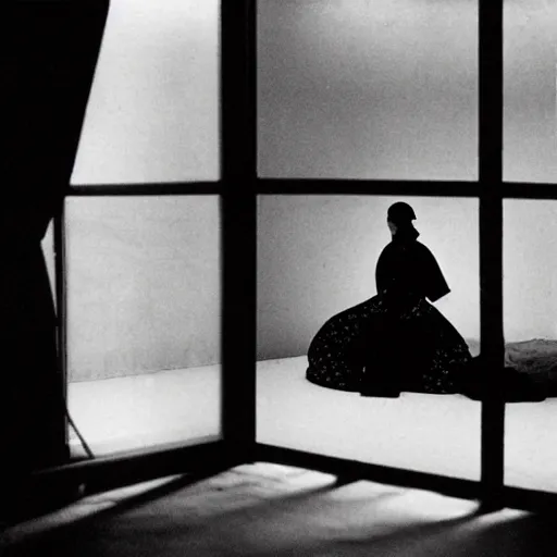 Image similar to woman in traditional hanbok waiting in living room while the shadow of a giant Kaiju-eiga starfish monster is behind the screen window, 35mm film still, monochrome Wes Anderson and Fritz Lang