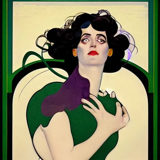 Image similar to Eva Green is Metamorpho, the Element Woman, Art by Coles Phillips, Chalk white skin, deep purple hair, Green eyes, Portrait of the actress, Eva Green as Metamorpho, geometric art, art deco, Alphonse Mucha, Vasily Kandinsky, carbon black and antique gold