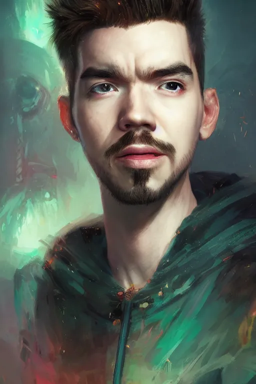 Image similar to a fancy portrait of the YouTuber jacksepticeye by Greg Rutkowski, Sung Choi, Mitchell Mohrhauser, Maciej Kuciara, Johnson Ting, Maxim Verehin, Peter Konig , mythical, 8k photorealistic, cinematic lighting, HD, high details, atmospheric,