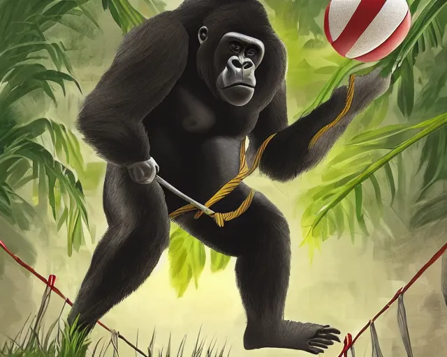 Prompt: a gorilla playing volleyball in a jungle, holding a volleyball, volleyball net, digital art, in the style of greg rutkowski