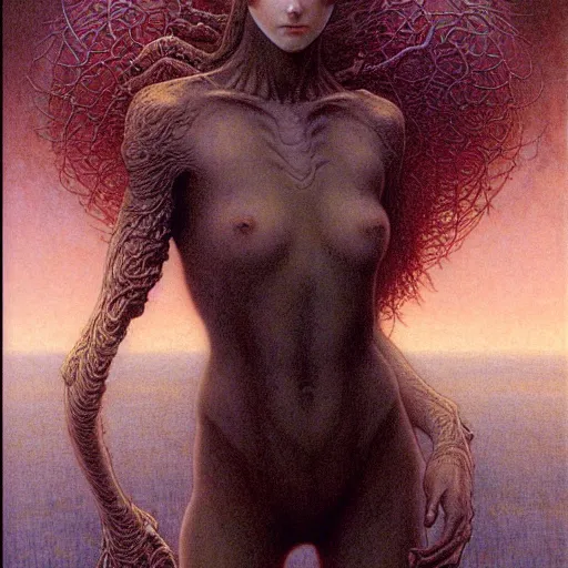 Image similar to cute young vampire tomboy girl with short short short dark hairs on lovecraftian planet by jean delville by luis royo and wayne barlowe, beksinski