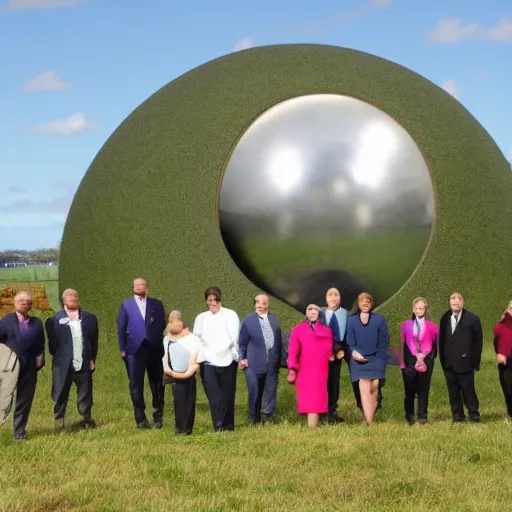 Prompt: group of people, politicians, and reporters standing in a grassy field around a spherical starship.