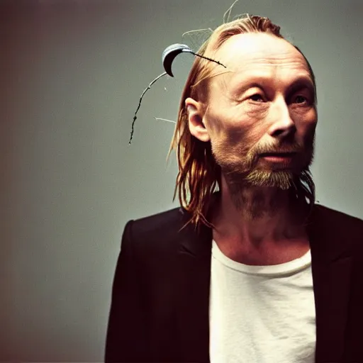 Image similar to old aged Thom Yorke, Radiohead singer Thom Yorke, holding the moon upon a stick, with a beard and a black jacket, a portrait by John E. Berninger, dribble, neo-expressionism, uhd image, studio portrait, 1990s