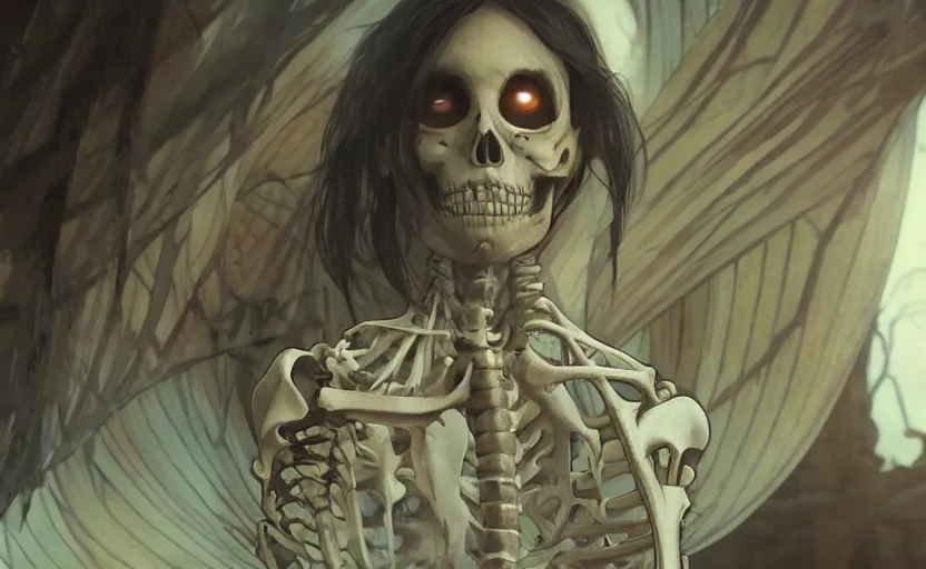 Prompt: skeleton with eyes, cinematic shot, 8 k, art by artgerm and greg rutkowski and alphonse mucha, movie screenshot