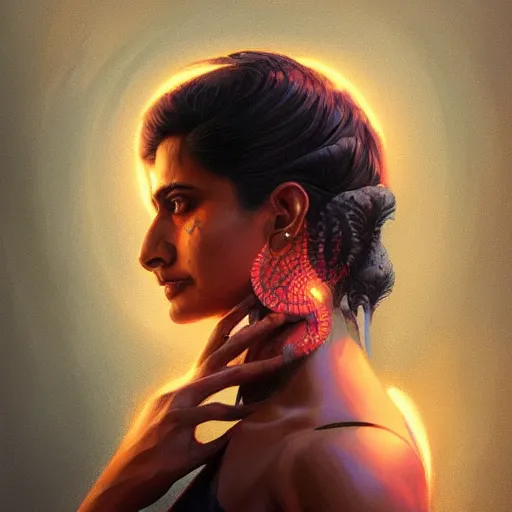 Image similar to portrait of a indian woman with a scaly skin and biotechnical parts and neon light by Artgerm and Greg Rutkowski , digital painting, highly detailed, trending on artstation