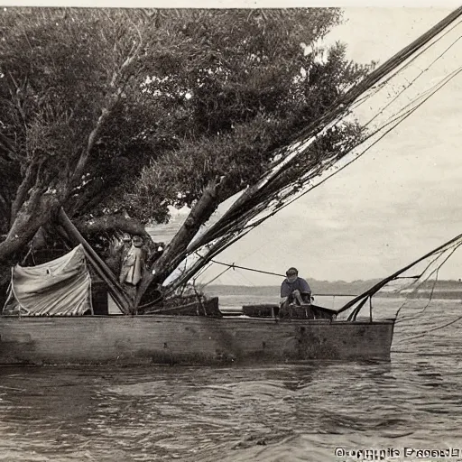 Prompt: Our ship lay to the northward of Somes' Island, and frequent trips were made of an early morning to haul the fishing-net in Lowry Bay. Large trees there overhung the beach, making it a delightful camping-place. We were always successful with the net, taking large quantities of kahawai, moki, and flounders. 1870s photo, New Zealand.