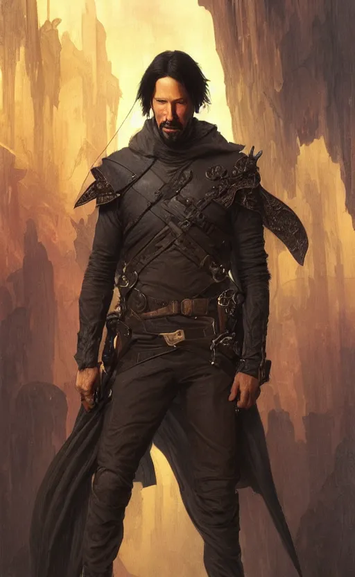 Prompt: keanu reeves as a rogue, d & d, fantasy, highly detailed, digital painting, artstation, concept art, matte, sharp focus, illustration, art by greg rutkowski and alphonse mucha