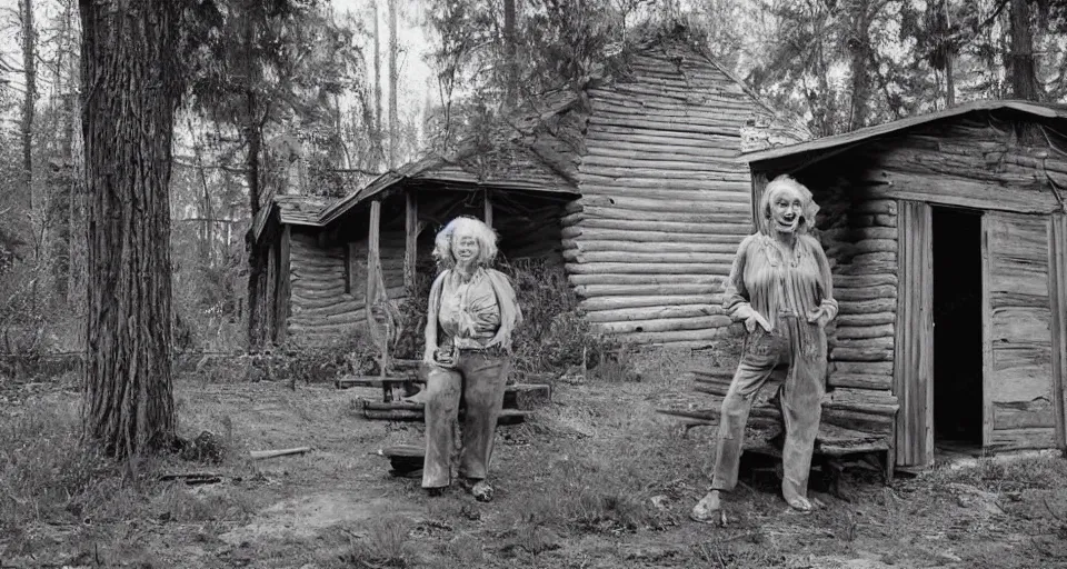 Prompt: ugly old woman with sinnister face standing outside old cabin, portrait, dirty clothes, forrest in the background, utopian looking, 80s, moody, hyperrealistic