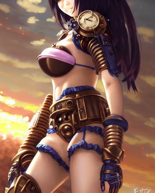 Image similar to portrait Anime Girl in bikini armor steampunk cute-fine-face, pretty face, realistic shaded Perfect face, fine details. Anime. Bioshock steampunk realistic shaded lighting by katsuhiro otomo ghost-in-the-shell, magali villeneuve, artgerm, rutkowski Jeremy Lipkin and Giuseppe Dangelico Pino and Michael Garmash and Rob Rey