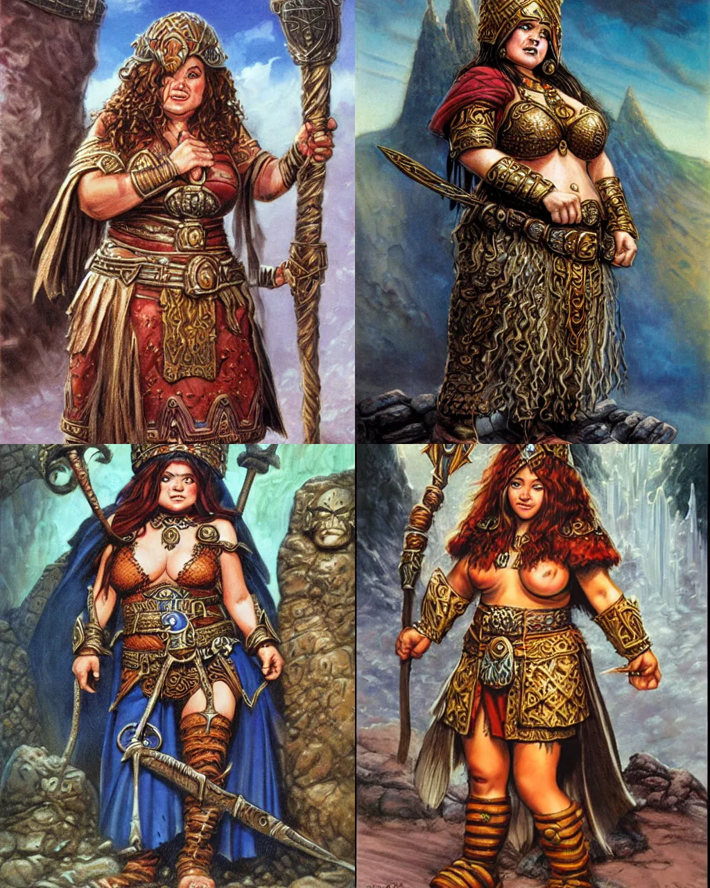 Prompt: female dwarven priestess, chubby short stature, elaborate hair, by jeff easley