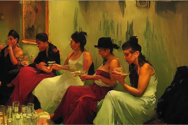 Image similar to cholas drinking brutal and raw wine, inside a tiny green room with red lights by joaquin sorolla, greg rutkowski, bill sienckiwicz, extremely detailed