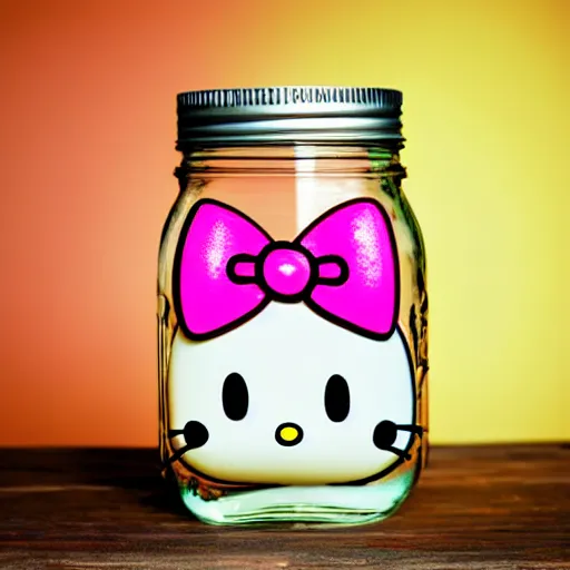 Prompt: hello kitty in a mason jar, 4 k, hyper realistic, dslr, high resolution, landscape, beautiful