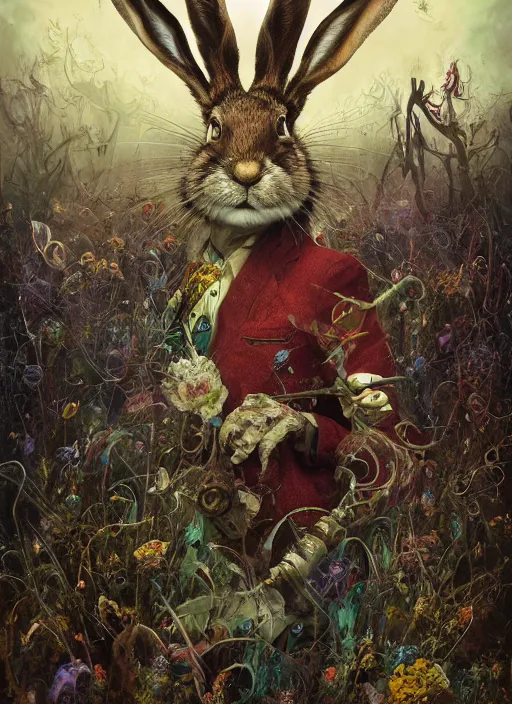 Image similar to the march hare, highly detailed, cinematic, 8 k, by megan duncanson, benjamin lacombe, adrian borda, stanley artgermm, tom bagshaw, craig mullins, carne griffiths, ayami kojima, beksinski, giger, trending on deviantart, hyper detailed, horror, full of colour