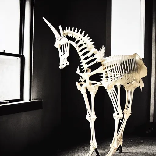 Prompt: a photograph of a unicorn horse skeleton skeleton skeletical standing next to an open window, dramatic lighting, cinematic