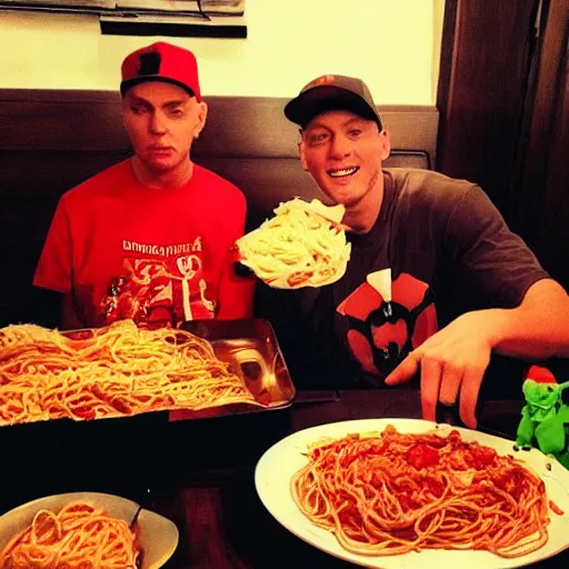 Image similar to Eminem having a romantic spaghetti dinner with Elmo