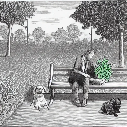 Image similar to a man and a woman sitting on a bench surrounded by plants, a dog sleeping by their feet, cartoon,