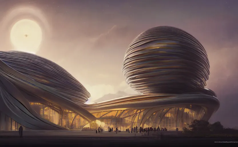 Image similar to exterior shot of utopian architecture building with cinematic lighting by zaha hadid and renzo piano, darek zabrocki and greg ruthkowski, alphonse mucha, simon stalenhag, cinematic, stars, beautiful, holy place, paradise, scifi, futurism, atmospheric, sunset, concept art, artstation, trending on artstation