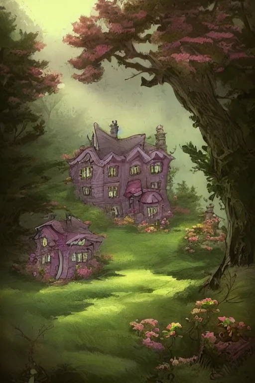 Prompt: beautiful matte painting of a whimsical house on a hill trees flowers whimsical by brian kesinger, bob ross, artstation