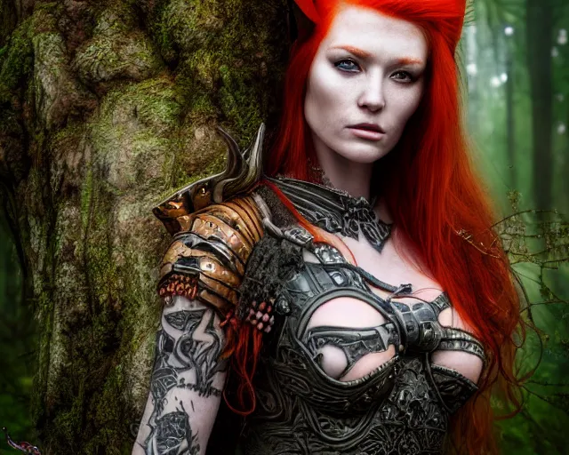 Image similar to 5 5 mm portrait photo of an armored gorgeous anesthetic redhead woman warrior with a face tattoo and horns growing from her head, in a magical forest in the style of stefan kostic, art by luis royo. highly detailed 8 k. intricate. lifelike. soft light. nikon d 8 5 0. cinematic post - processing