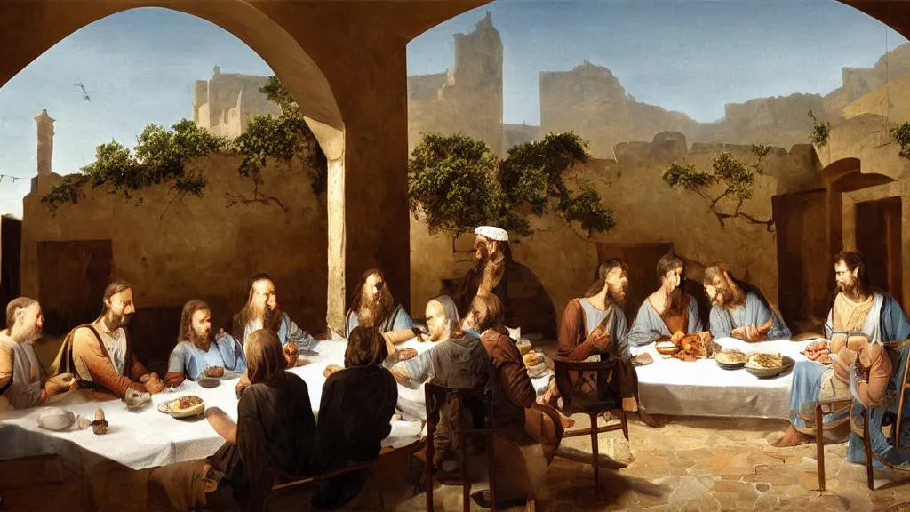 Image similar to humans with cat heads dressed in suits sitting around a table in the scene of the last supper, under the porch of a typical portuguese house, with typical alentejo landscape in the back, sunny morning, matte painting, oil canvas, photorealistic illustration, extreme detail, hyper realistic, highly detailed, digital art