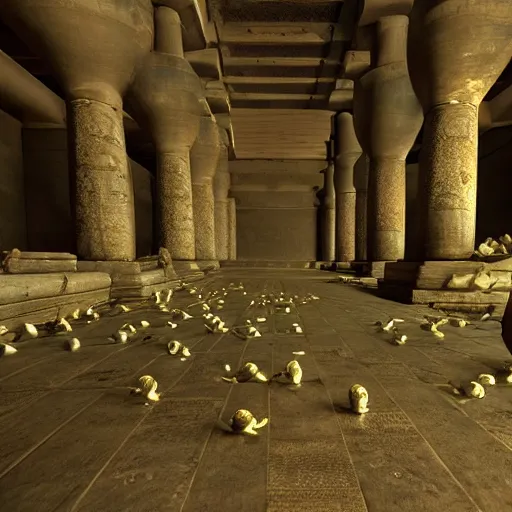 Prompt: hundreds of frogs inside an ancient Egyptian palace, cinematic lighting, dramatic angles, ultra detailed