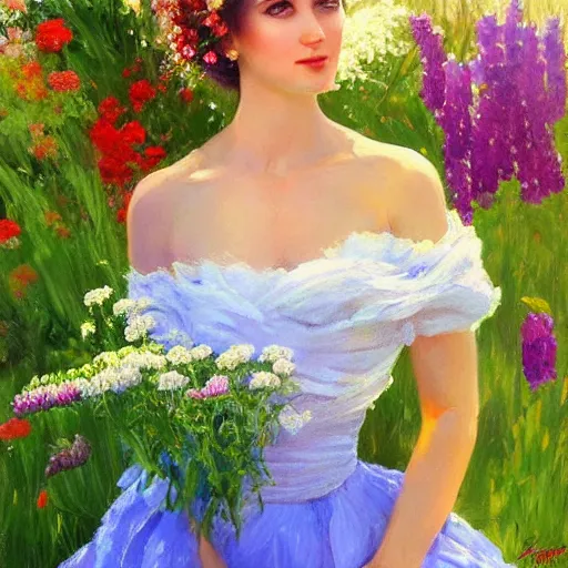 Image similar to a portrait of a romantic woman with flowers grow out of hair, roses peonies forget-me-nots dahlias lupins gladioli, sky theme in background, by Alexandr Averin, Digital Art, Trending on artstation