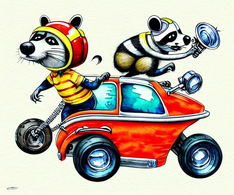 Image similar to cute and funny, racoon wearing a helmet riding in a tiny hot rod with oversized engine, ratfink style by ed roth, centered award winning watercolor pen illustration, isometric illustration by chihiro iwasaki, edited by olga shvartsur, tiny details by artgerm, symmetrically isometrically centered