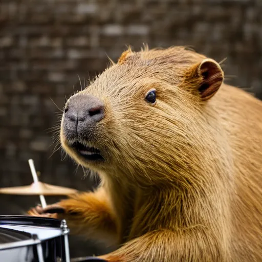 Prompt: high resolution photo of a capybara playing a jazz drum set