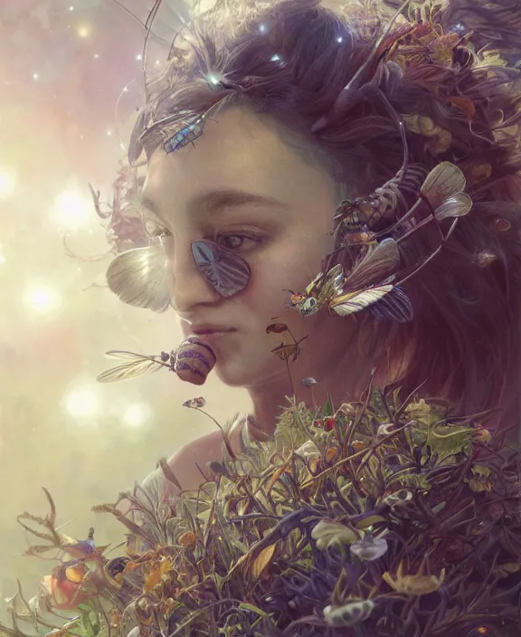 Image similar to portrait of a insect creature, adorable, childlike, milky way environment, ultra realistic, concept art, intricate details, cheerful, highly detailed, photorealistic, octane render, 8 k, unreal engine. art by christopher marley and artgerm and greg rutkowski and alphonse mucha