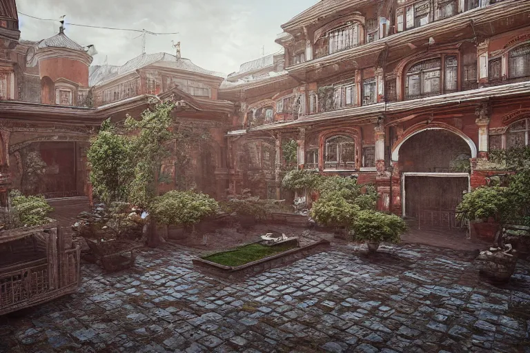 Prompt: a regular russian courtyard with mud and an old playground between two soviet five-storey panel houses, high details, cinematic, 8k resolution, beautiful detailed, insanely intricate details, artstation trending, octane render, unreal engine