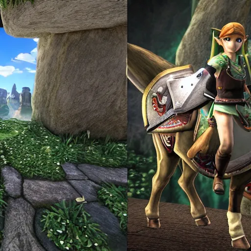 Image similar to The Legend of Zelda Twilight Princess rendered in Unreal Engine 5 ultra high graphics ray tracing in game promotional screenshots moblins, link, epona, ganondorf, Zelda moody, photorealistic