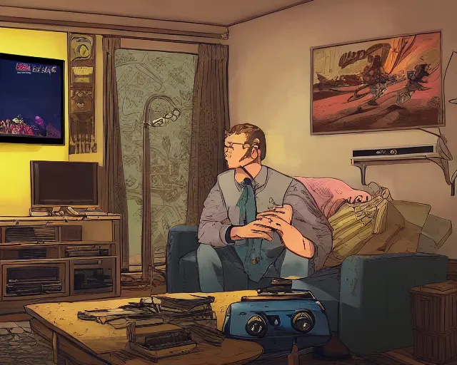 Prompt: a beautiful illustration of my friend mark kidd, playing fallout new vegas on the xbox 3 6 0 in his living room. the tv is the only light source, in the style of studio ghibli, artwork by studio ghibli, gamers bedroom, posters. cinematic composition, anime, 8 k resolution, black, yellow and red colour scheme,