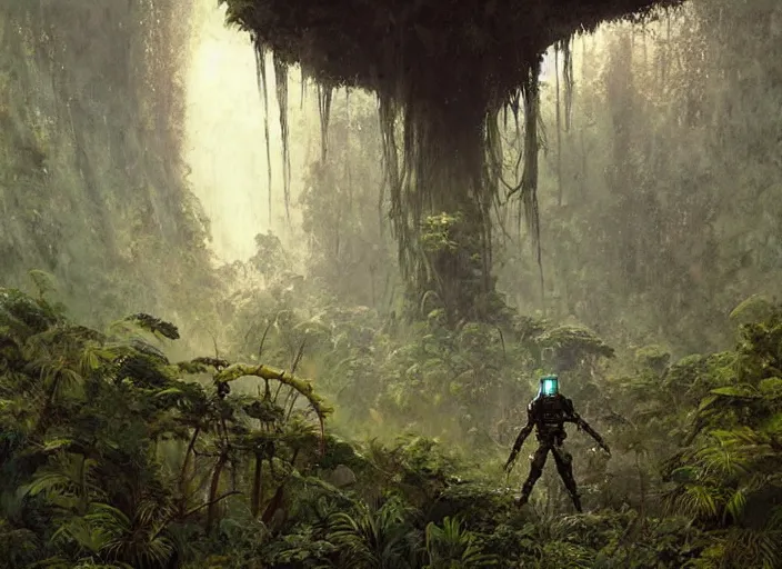 Image similar to interior shot of a lush jungle with a robot explorer navigating the harsh terrain looking away in the distance at a futuristic obelisk, masterpiece, painterly, art by artem demura, emotion, fantasy art,
