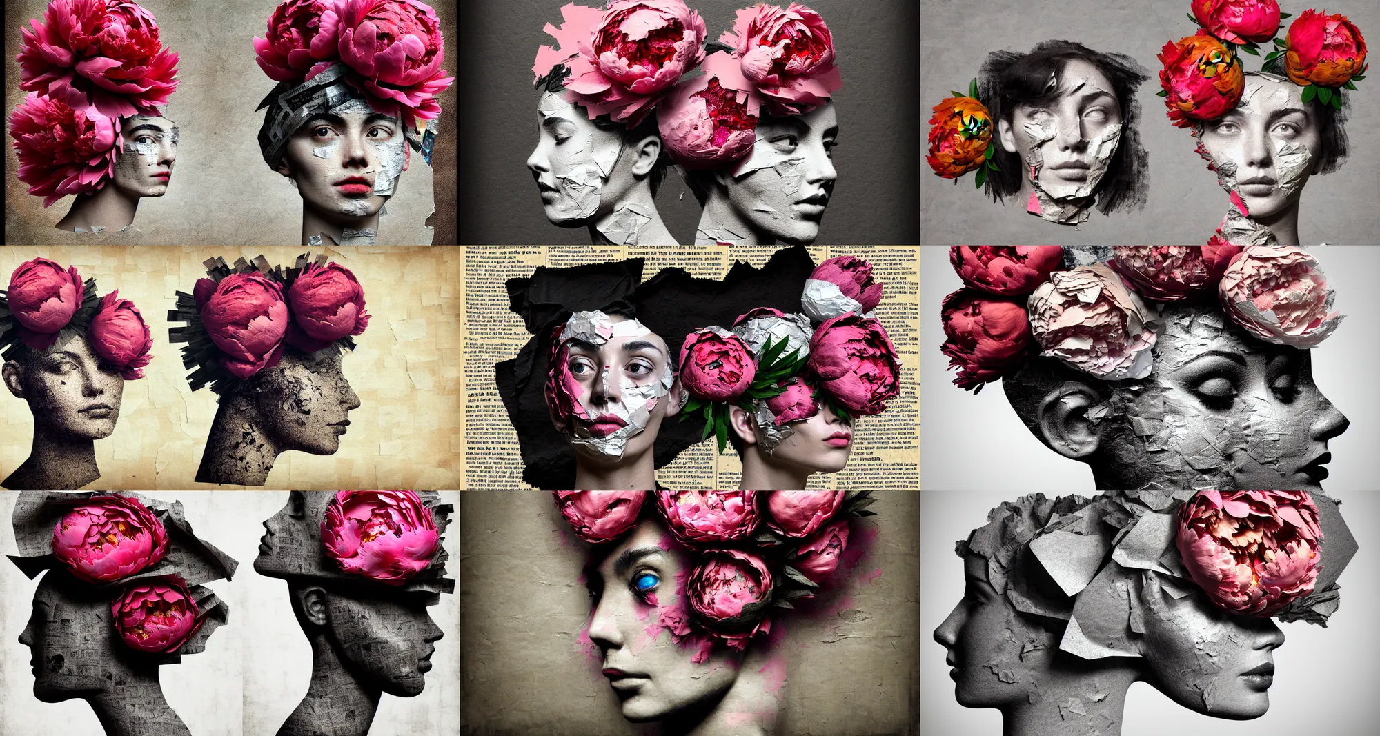 Prompt: a female head made of hot gritty steel, rendered in blender peonies on her head, crumpled newspaper as a texture, collage paper and duct tape, slit - scan photography, hyperrealism mixed with expressionism, high resolution, cinematic, unreal 6, breathtaking detailed