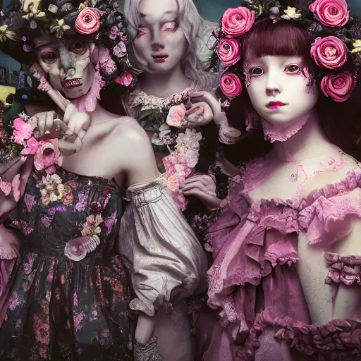 Prompt: 8k, realism, octane render, renaissance, rococo, baroque, group of creepy young ladies wearing long harajuku manga dress with flowers and skulls, background chaotic flowers